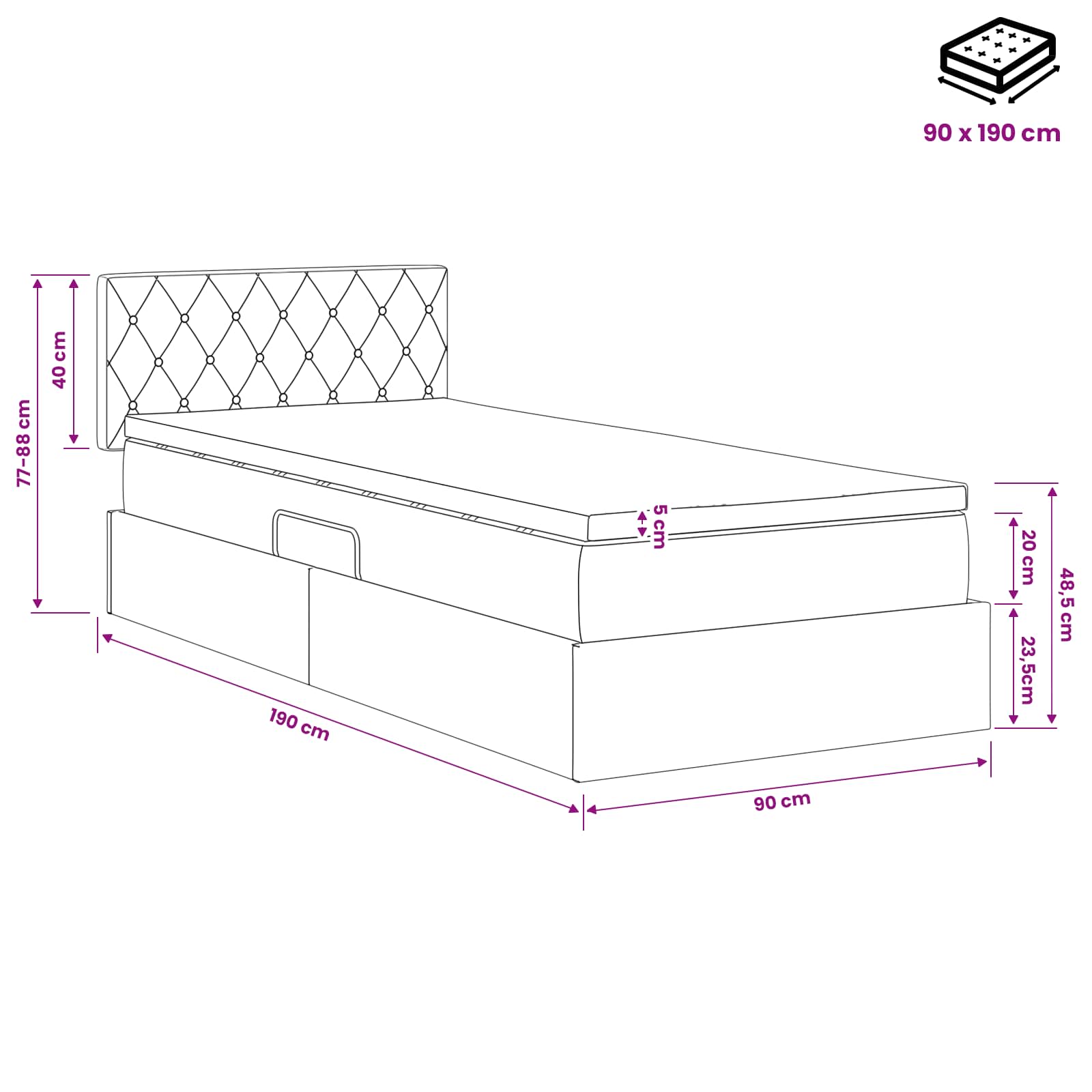 Krevet s od storage s uzglavljem Tamnosiva 90 x 190 cm Baršun