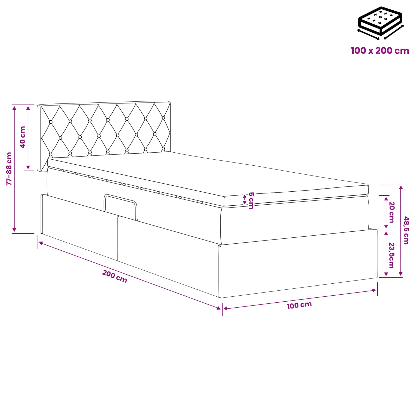 Krevet s od storage s uzglavljem Tamnosiva 100 x 200 cm Baršun