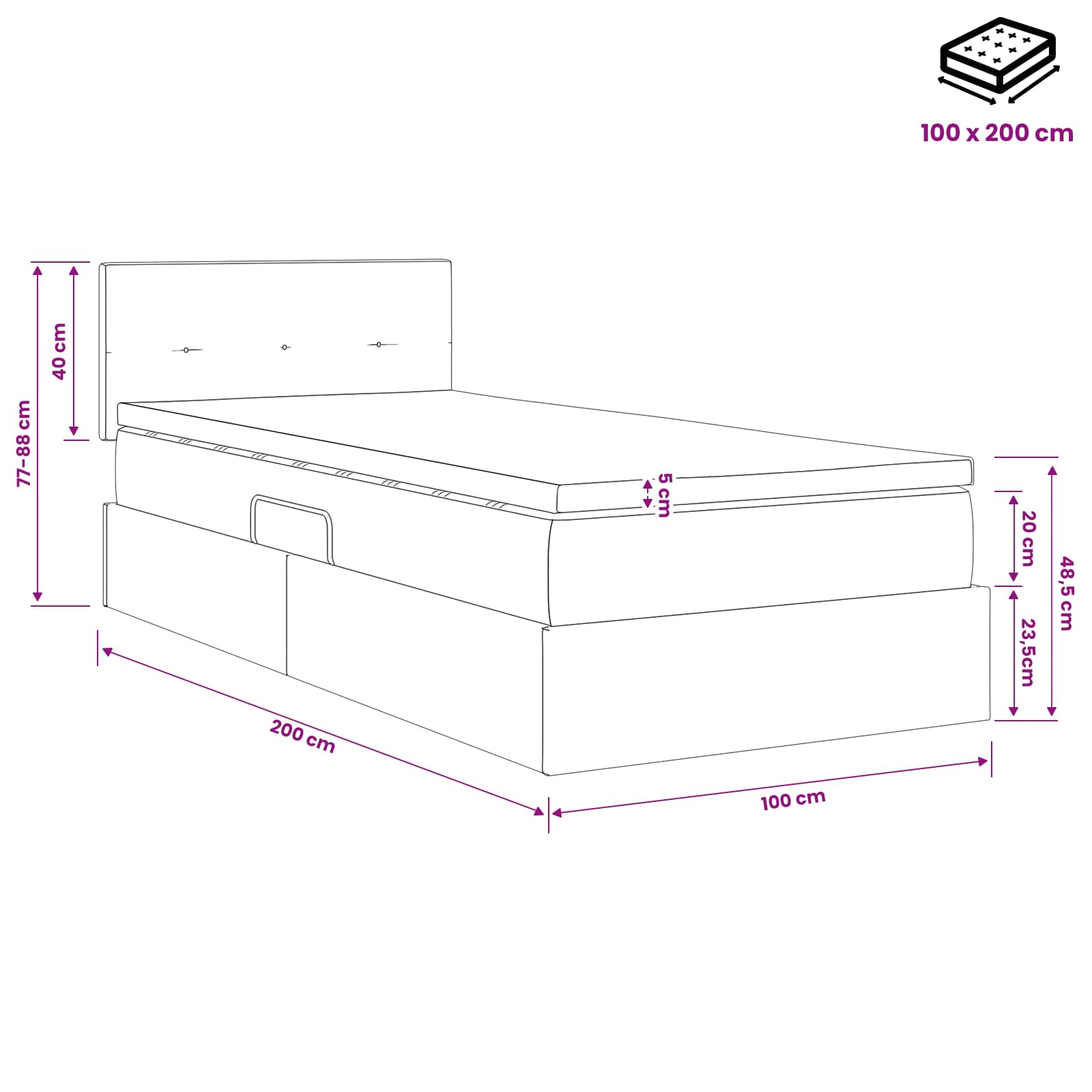 Krevet s od storage s uzglavljem Tamnosiva 100 x 200 cm Baršun