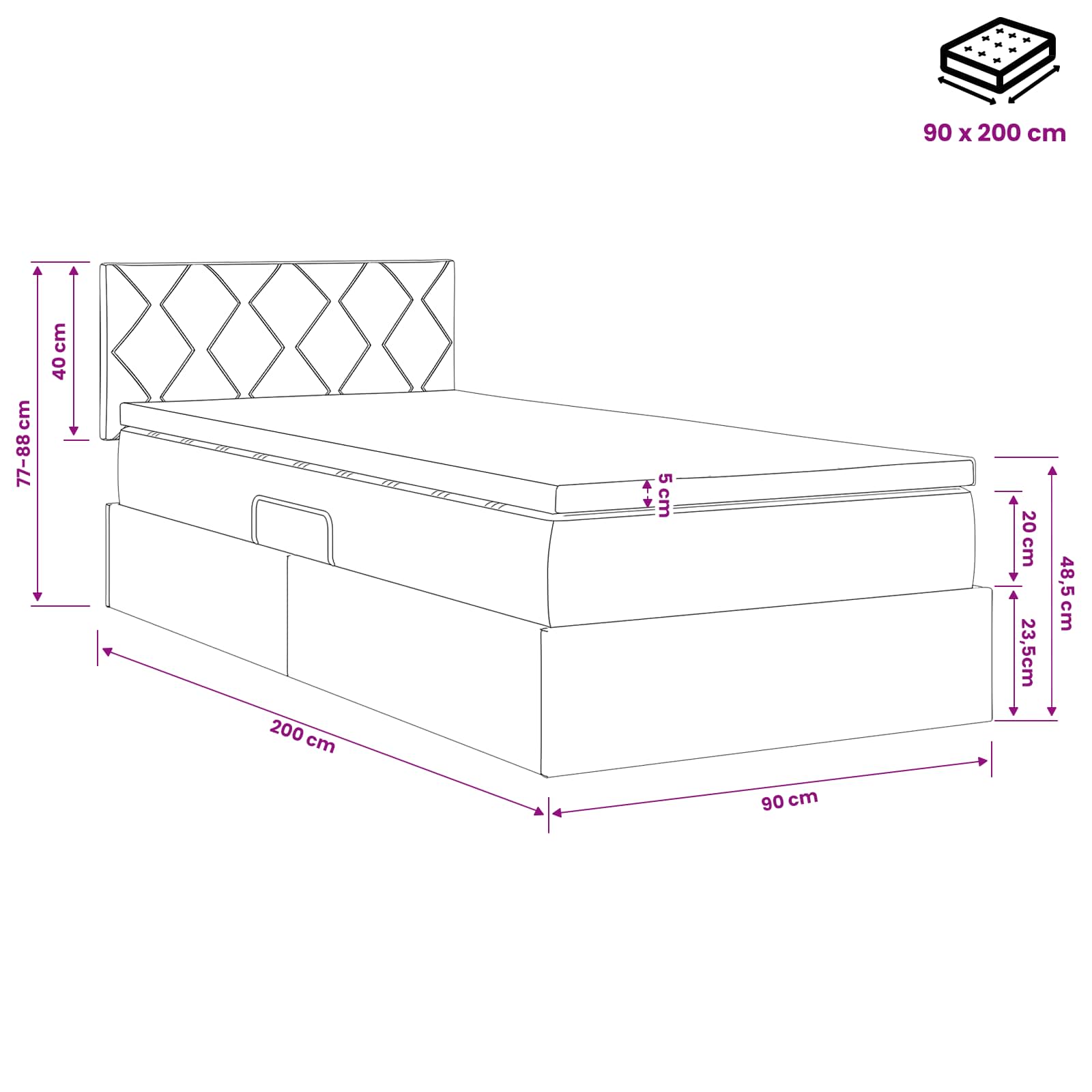 LED krevet za pohranu s madracem Tamnosiva 90 x 200 cm Baršun