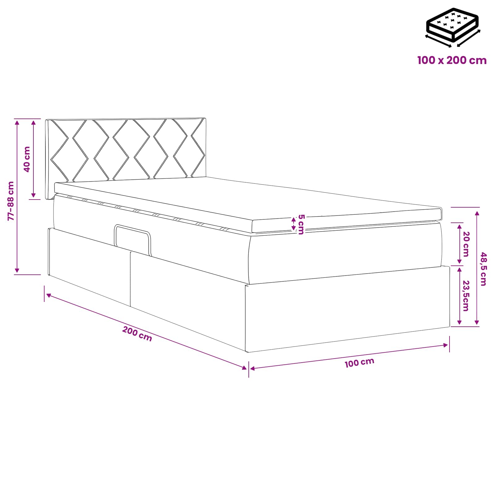 LED krevet za pohranu s madracem Tamnosiva 100 x 200 cm Baršun