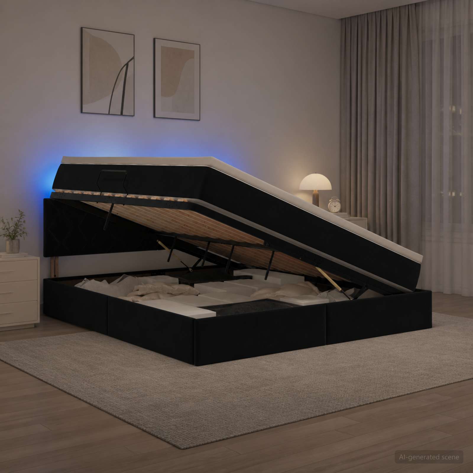 LED krevet za pohranu s madracem Crna 180 x 200 cm Baršun