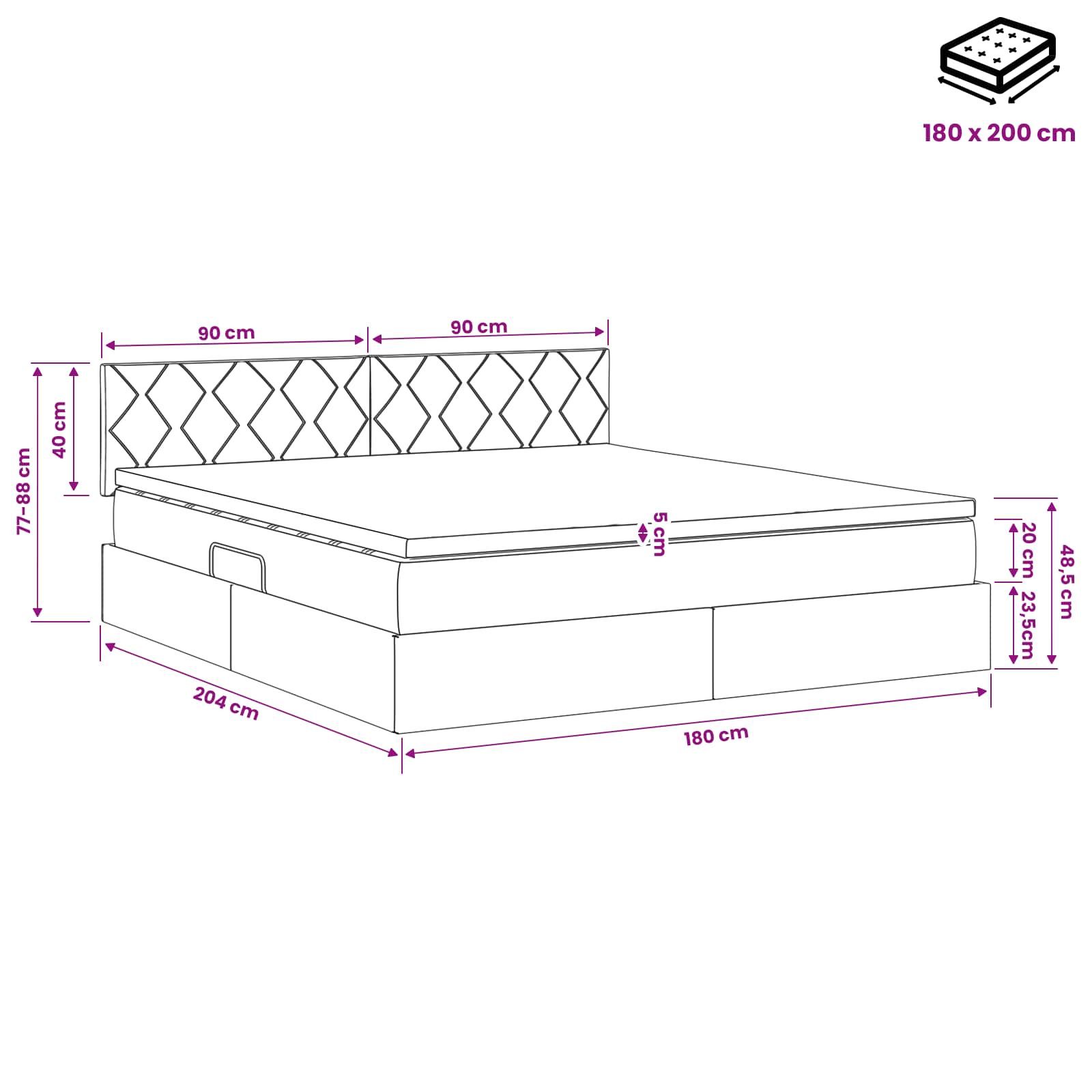 LED krevet za pohranu s madracem Crna 180 x 200 cm Baršun