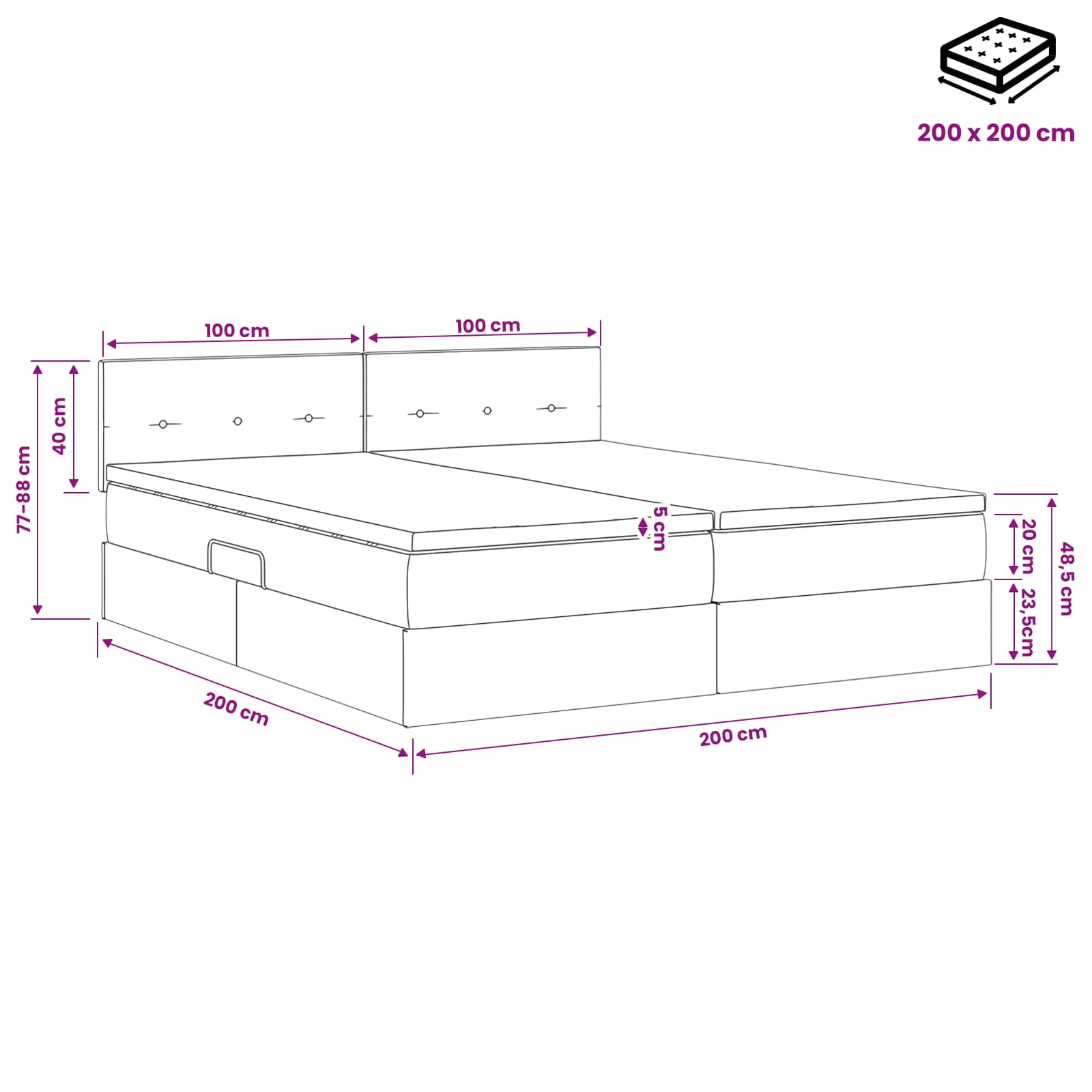 LED krevet za pohranu s madracem Svjetlosiva 200 x 200 cm