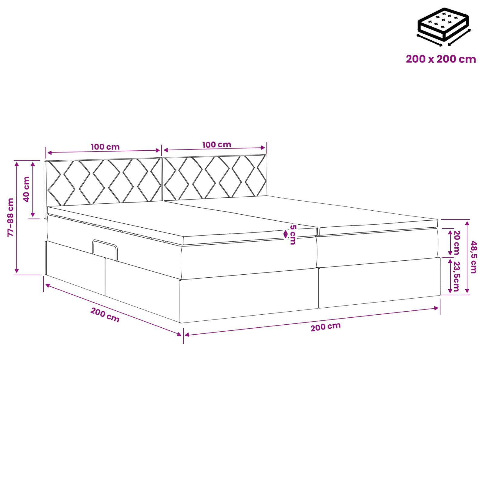 LED krevet za pohranu s madracem Krem 200 x 200 cm Tkanina