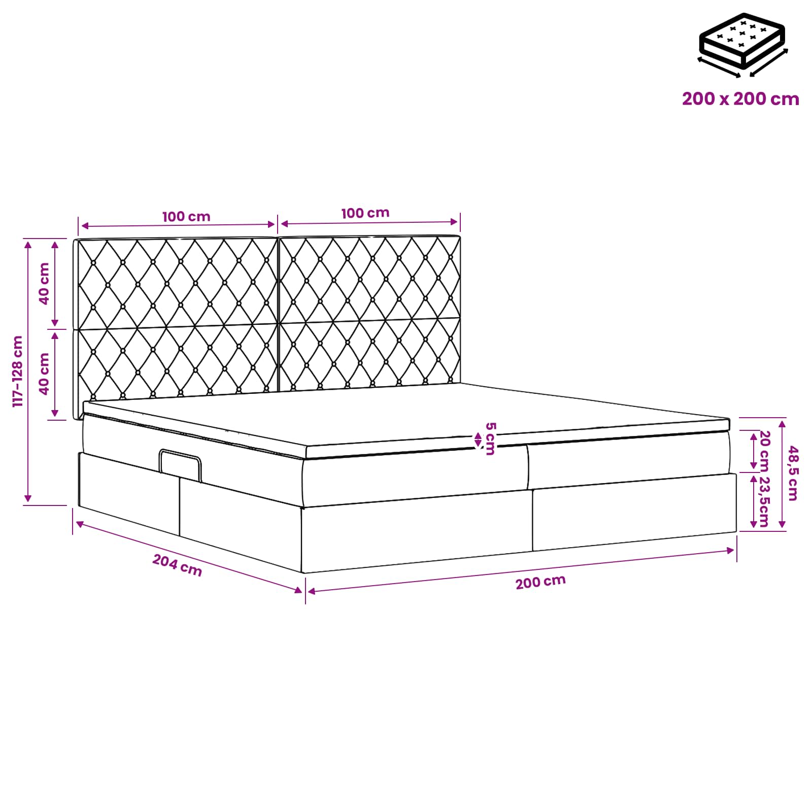 Krevet s madracem i skladištem Crna 200 x 200 cm Baršun