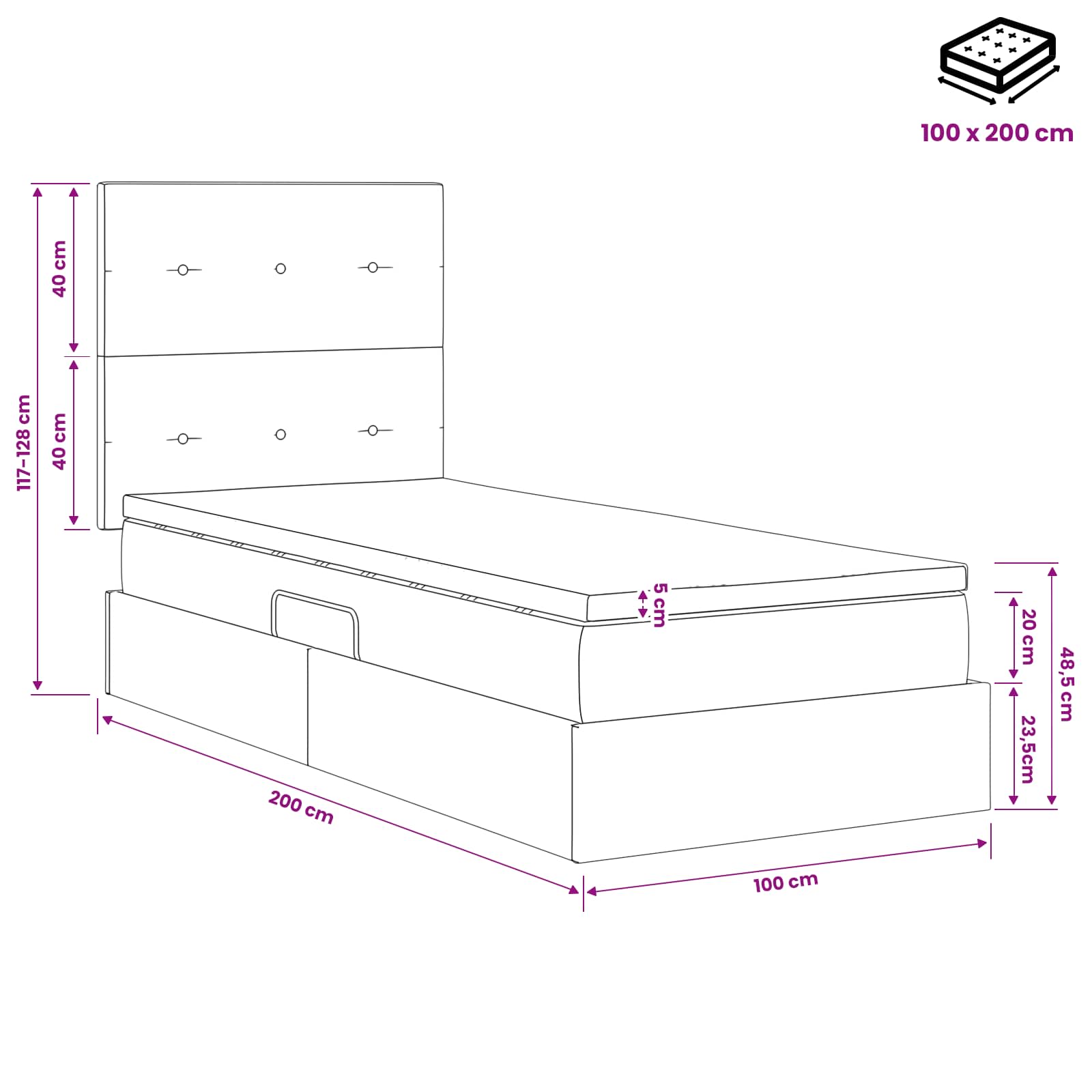 LED krevet za pohranu s madracem Crna 100 x 200 cm Tkanina