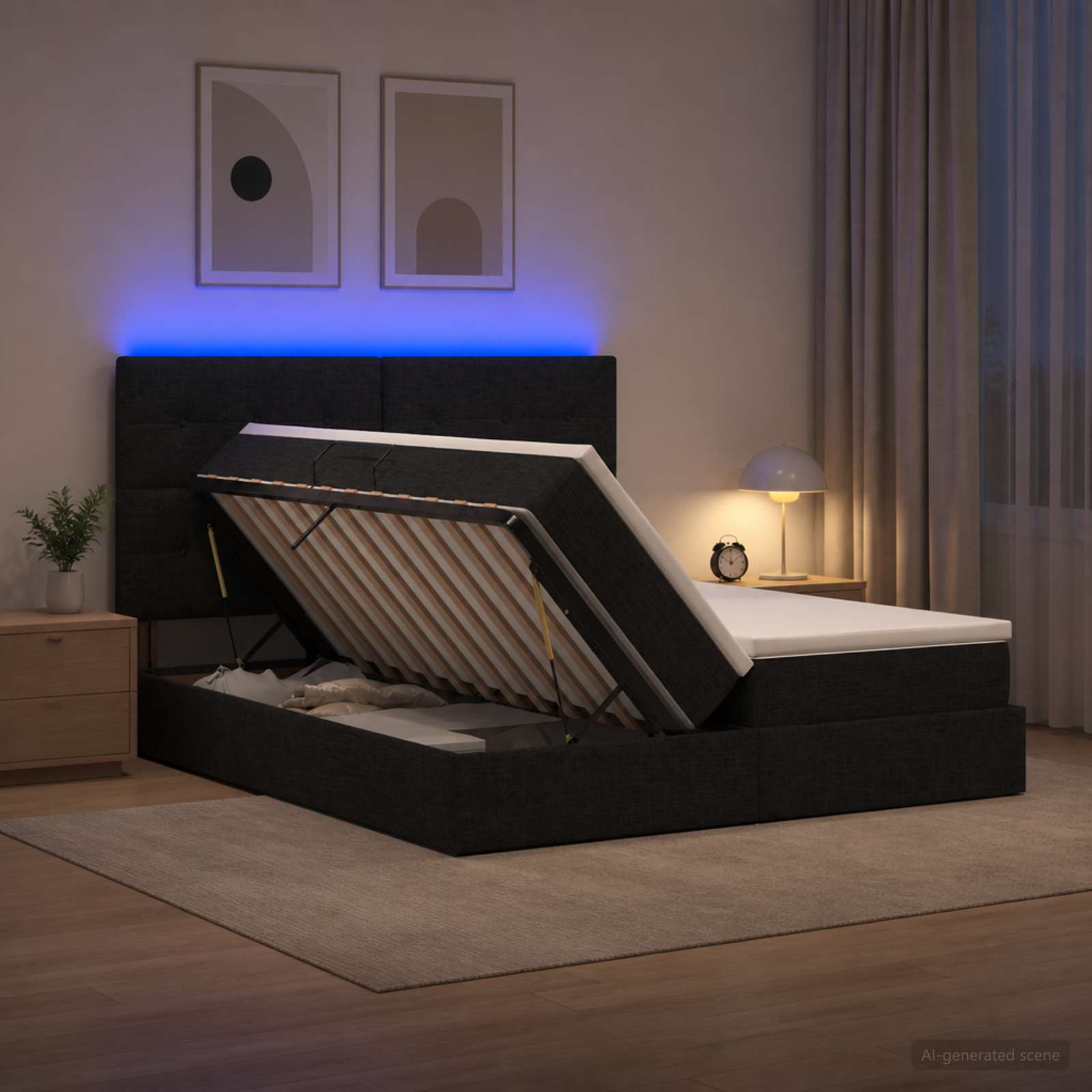 LED krevet za pohranu s madracem Crna 200 x 200 cm Tkanina