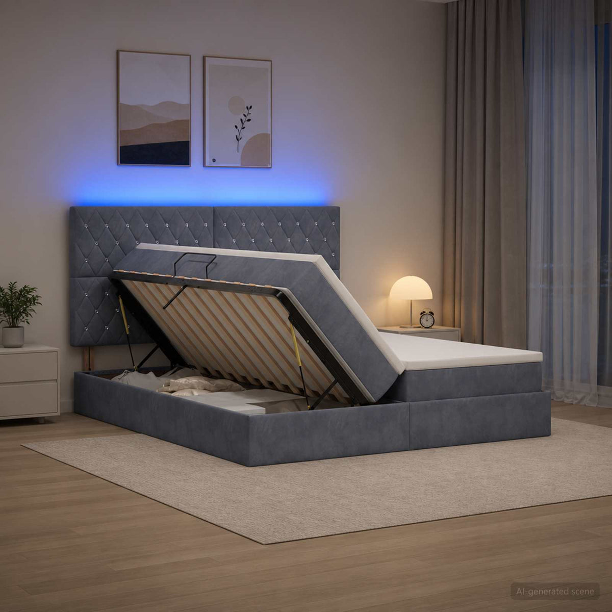 LED krevet za pohranu s madracem Tamnosiva 200 x 200 cm Baršun