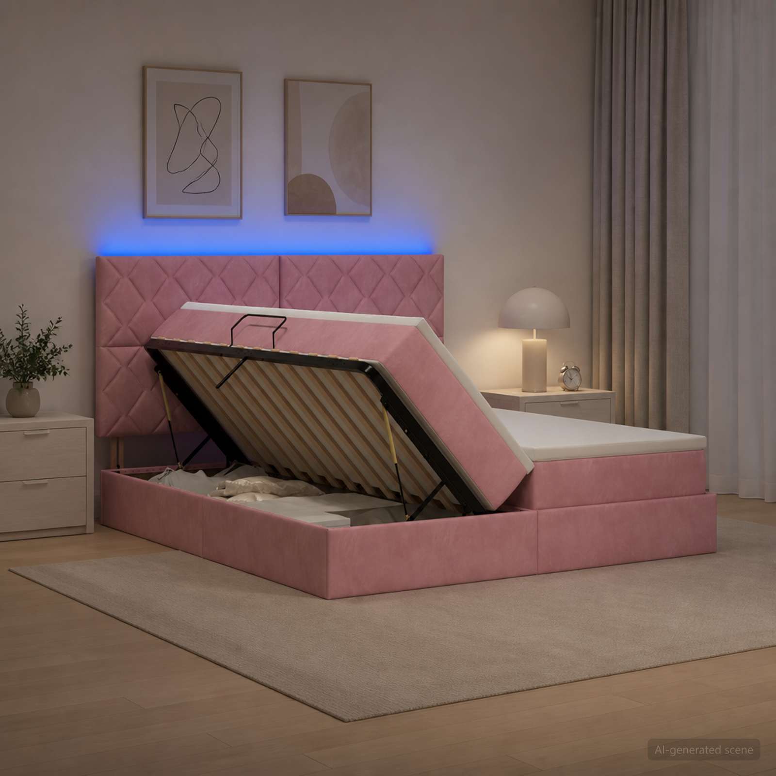 LED krevet za pohranu s madracem Ružičasta 180 x 200 cm Baršun