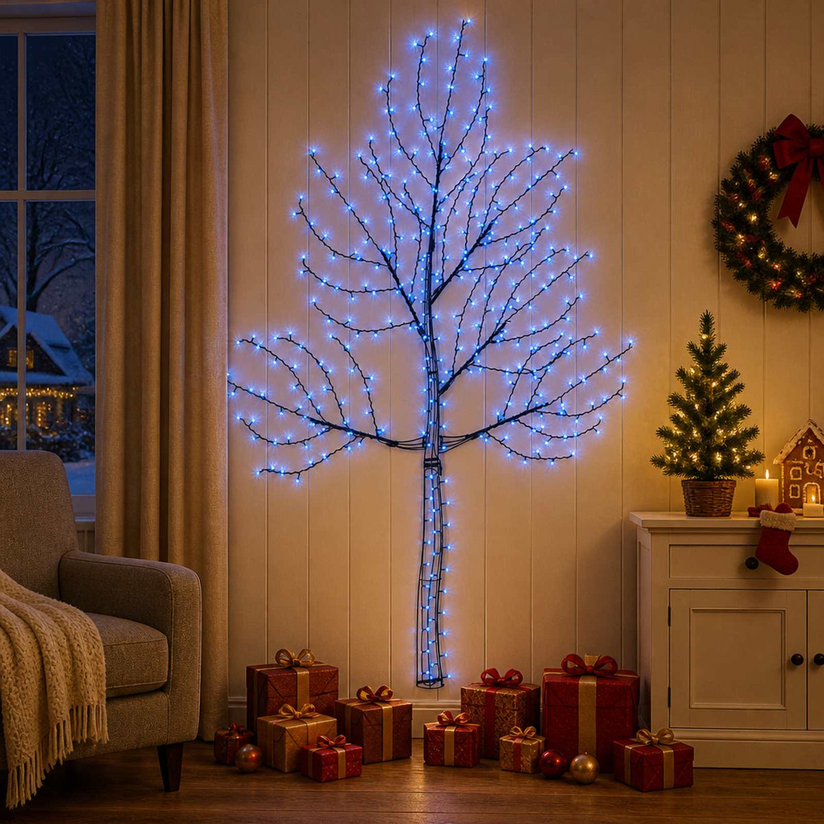 LED zidno božićno drvce 210 cm 312 LED lampica Plava Čelik Crna