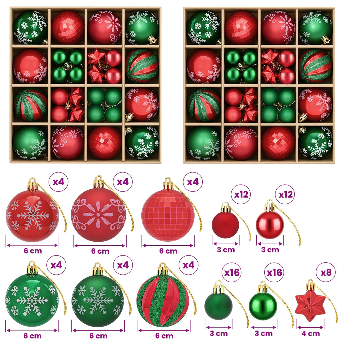 Set božićnih kuglica 88 kom. Zelena i crvena Ø 6 cm Plastika