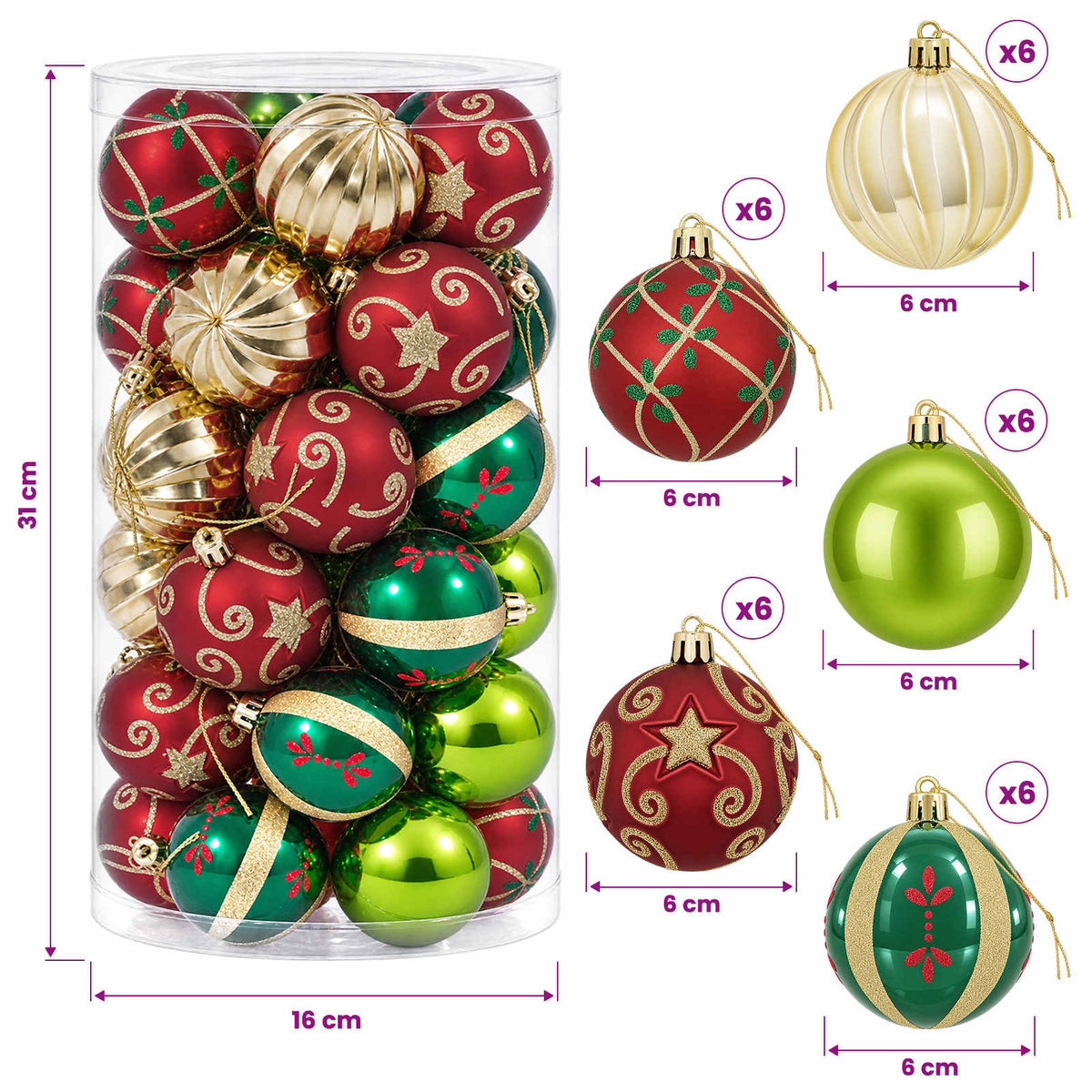 Set božićnih kuglica 30 kom. Crvena, zelena i zlatna Ø 6 cm
