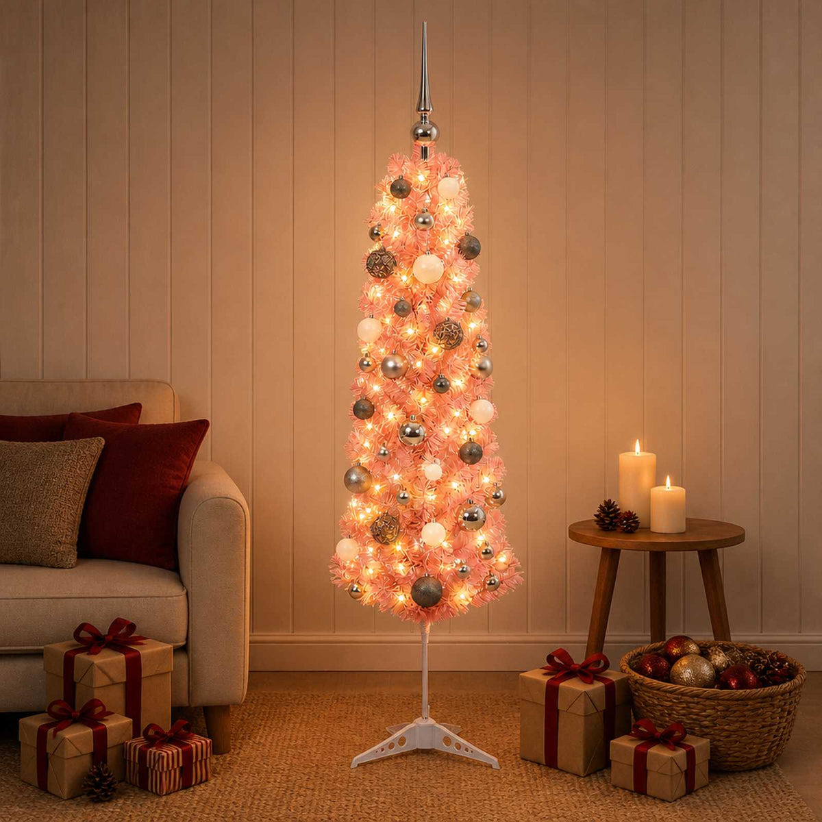 Umjetno usko božićno drvce s kuglicama 150 cm 150 LED lampica