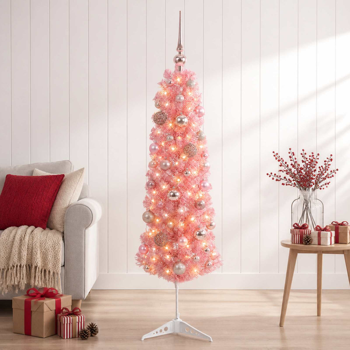 Umjetno usko božićno drvce s kuglicama 120 cm 150 LED lampica