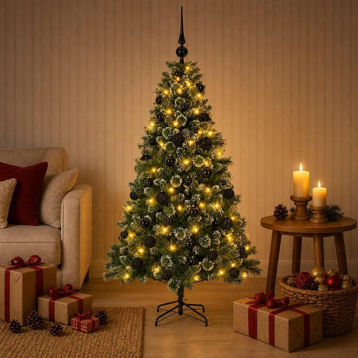 Umjetno božićno drvce s kuglicama 120 cm 150 LED lampica