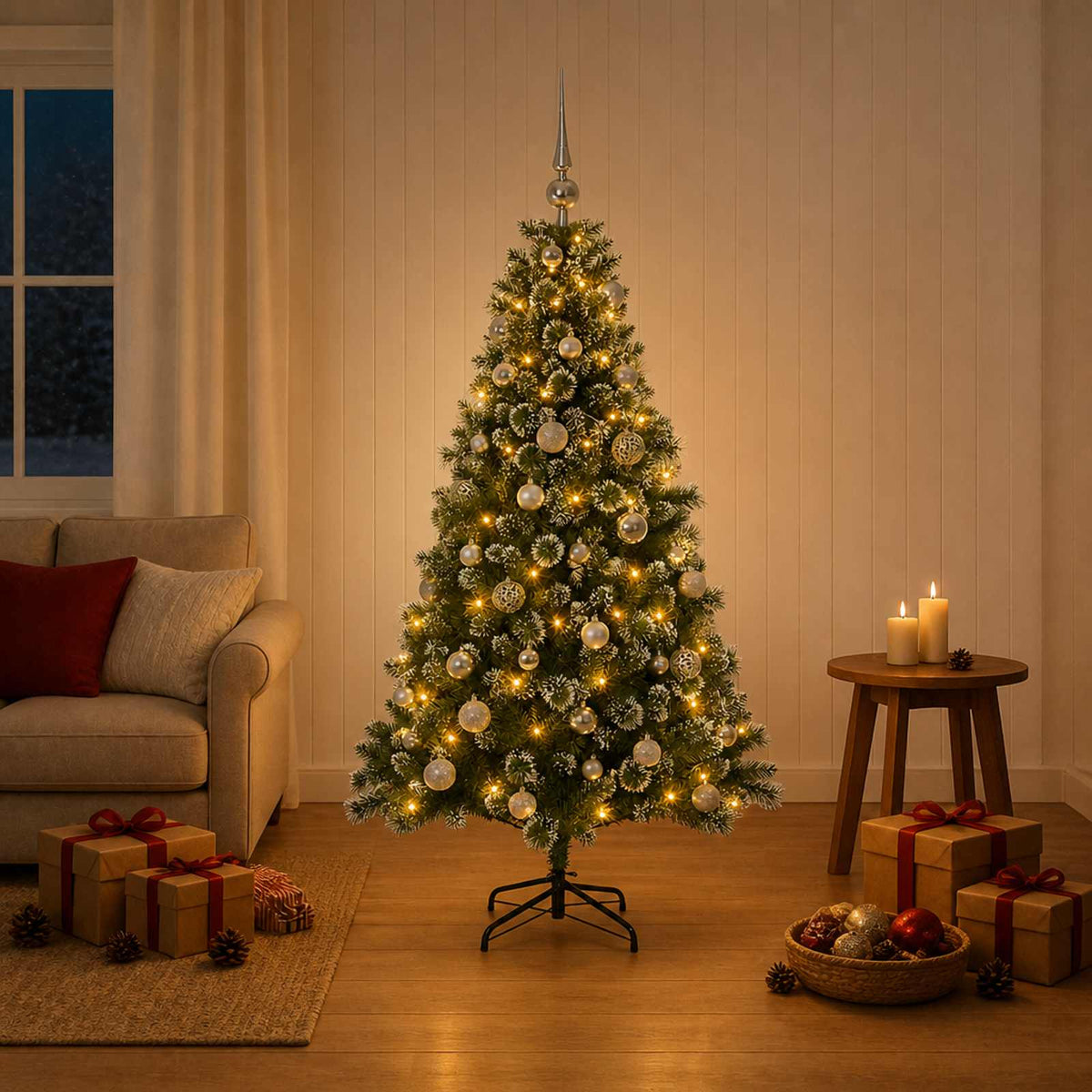 Umjetno božićno drvce s kuglicama 150 cm 150 LED lampica