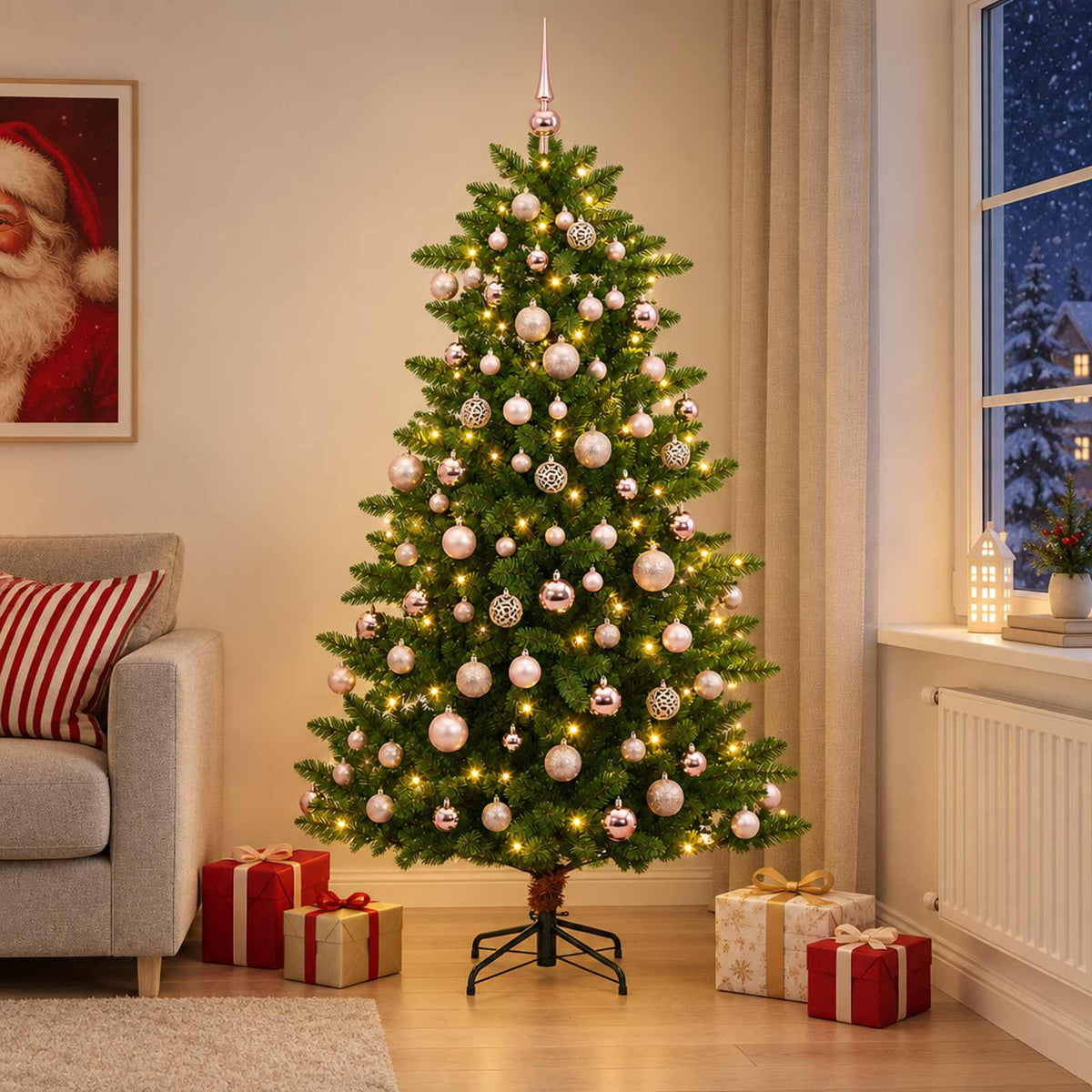Umjetno božićno drvce s kuglicama 210 cm 300 LED lampica