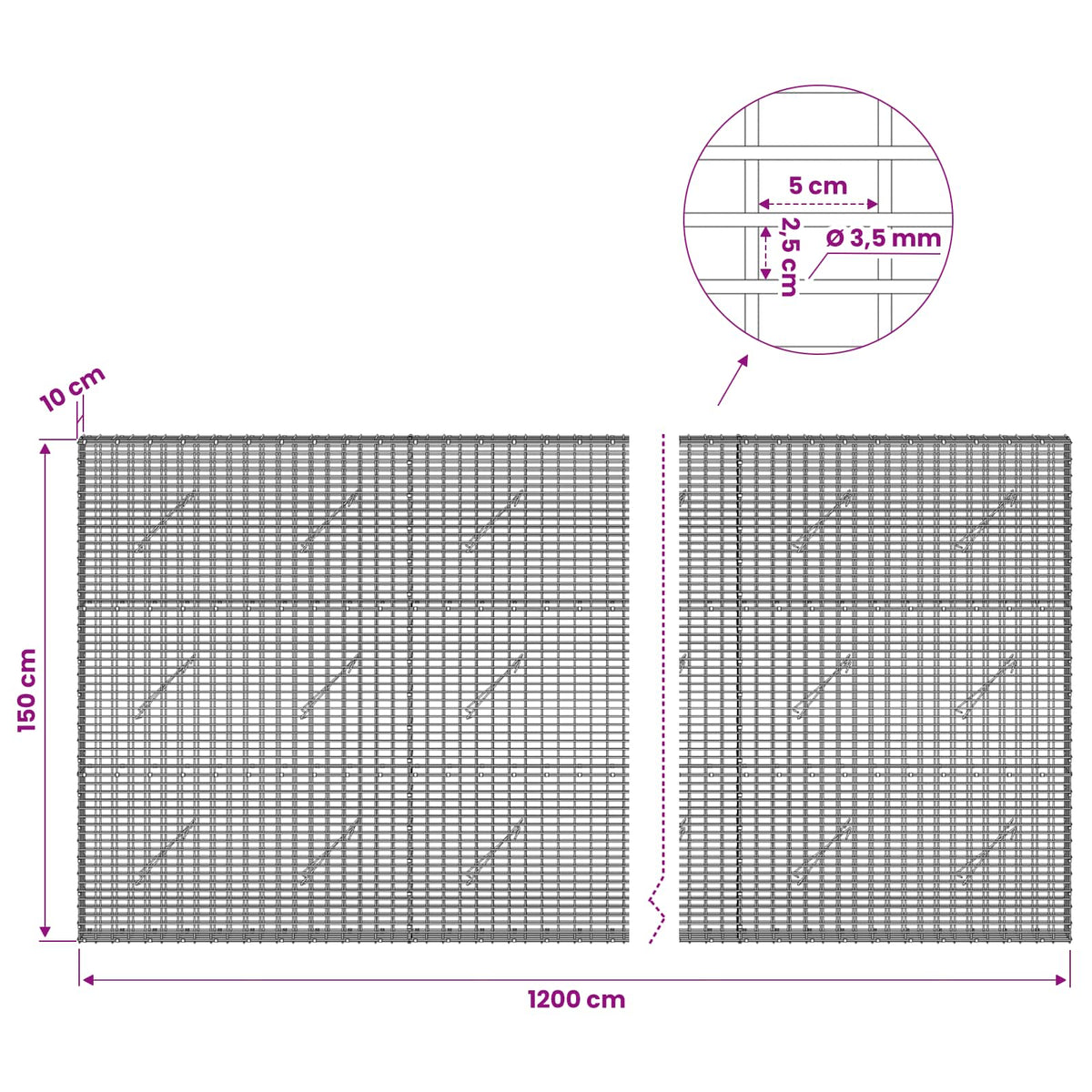 Gabion s žicom debljine 3,5 mm i mrežom 5x2,5 cm 1200x10x150 cm