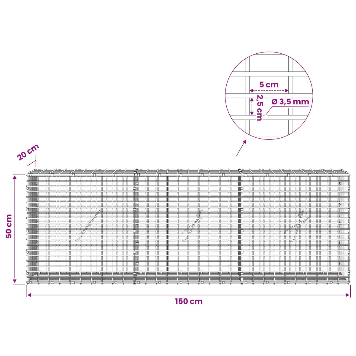 Gabion s žicom debljine 3,5 mm i mrežom 5x2,5 cm 150x20x50 cm