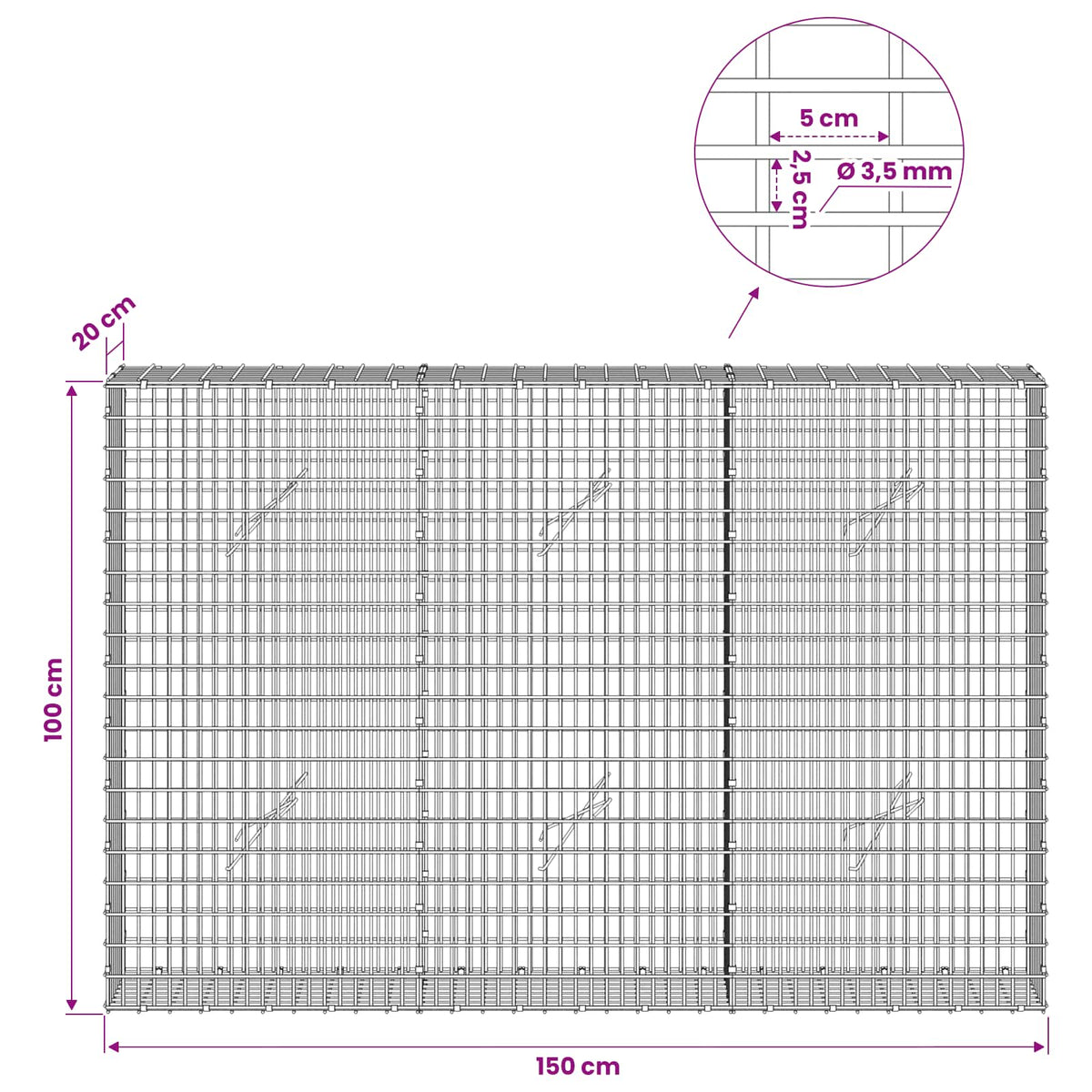 Gabion s žicom debljine 3,5 mm i mrežom 5x2,5 cm 150x20x100 cm