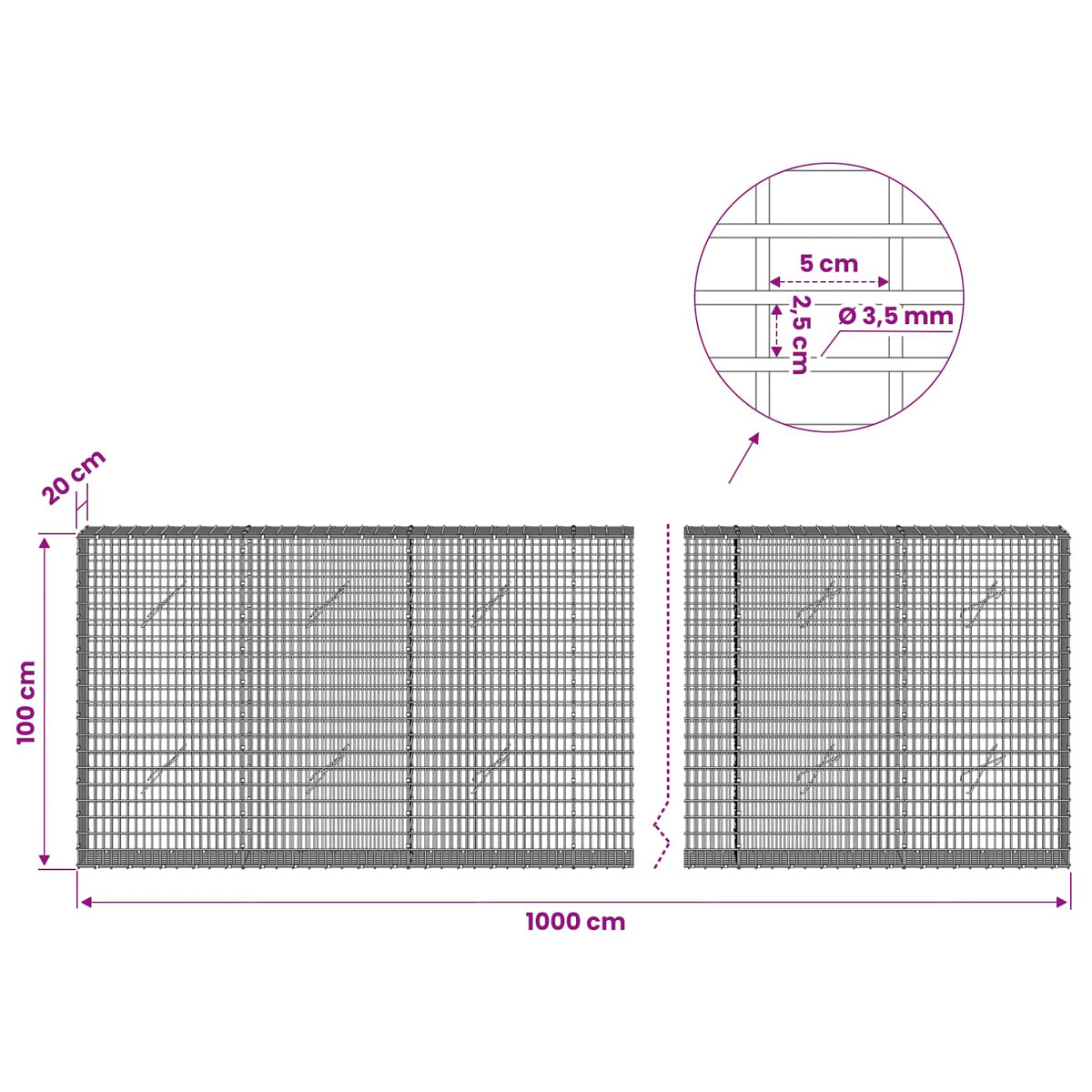 Gabion s žicom debljine 3,5 mm i mrežom 5x2,5 cm 1000x20x100 cm