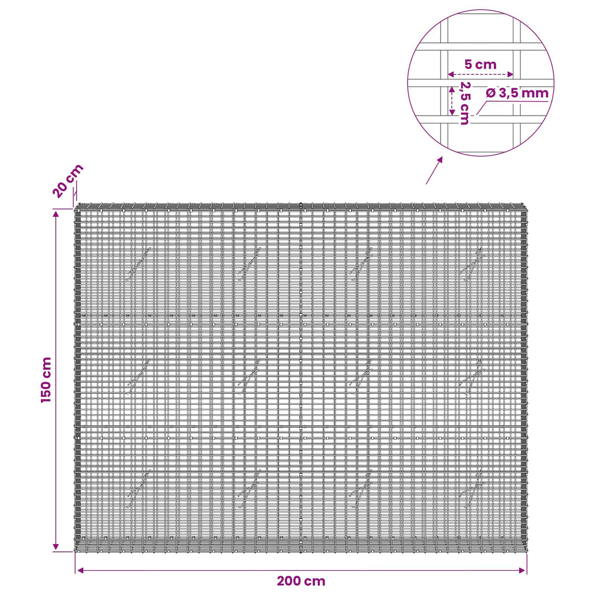 Gabion s žicom debljine 3,5 mm i mrežom 5x2,5 cm 200x20x150 cm