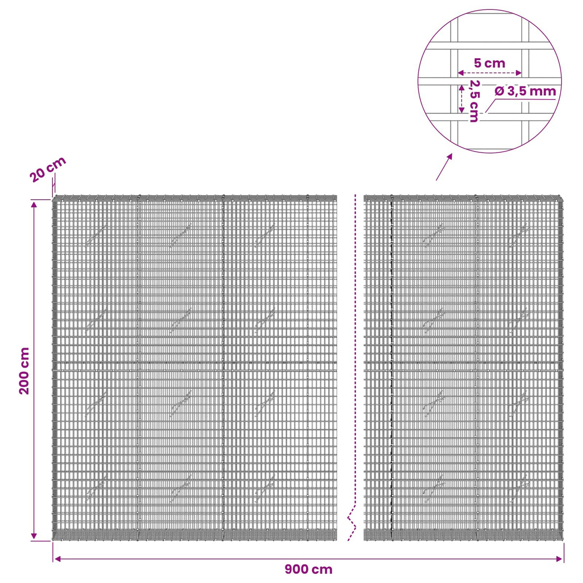 Gabion s žicom debljine 3,5 mm i mrežom 5x2,5 cm 900x20x200 cm