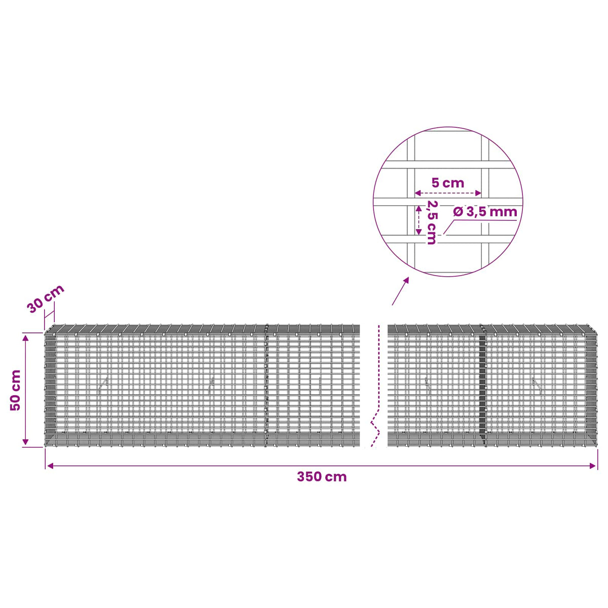 Gabion s žicom debljine 3,5 mm i mrežom 5x2,5 cm 350x30x50 cm