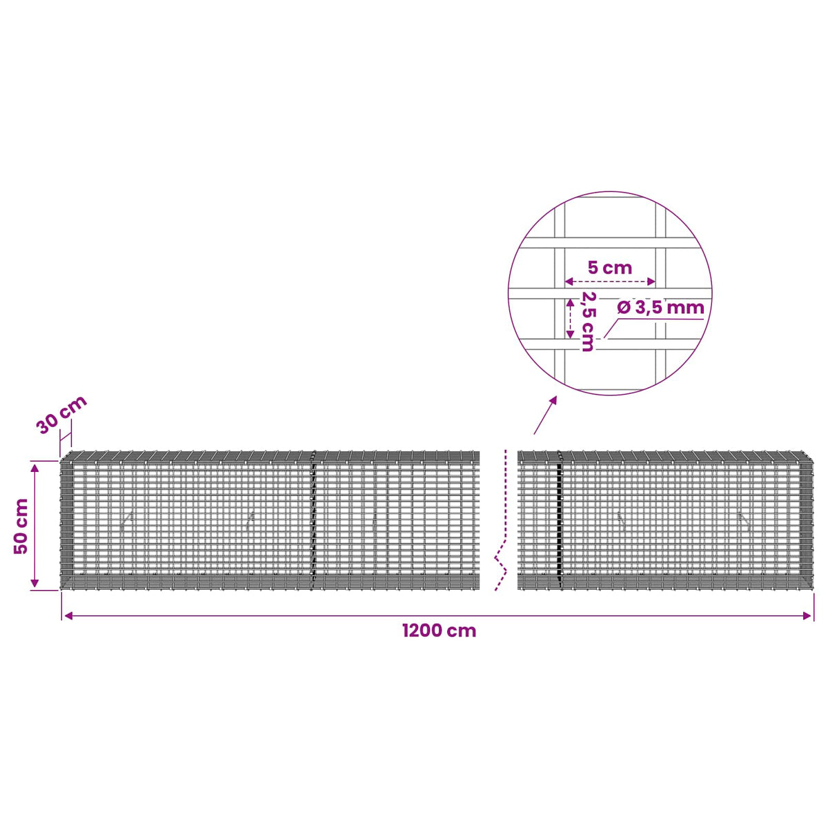 Gabion s žicom debljine 3,5 mm i mrežom 5x2,5 cm 1200x30x50 cm