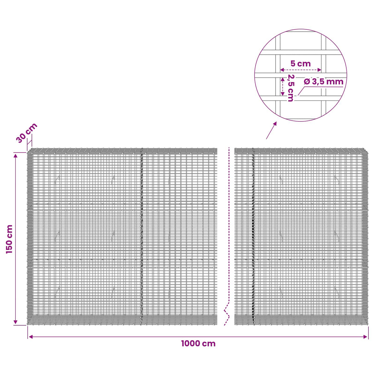 Gabion s žicom debljine 3,5 mm i mrežom 5x2,5 cm 1000x30x150 cm