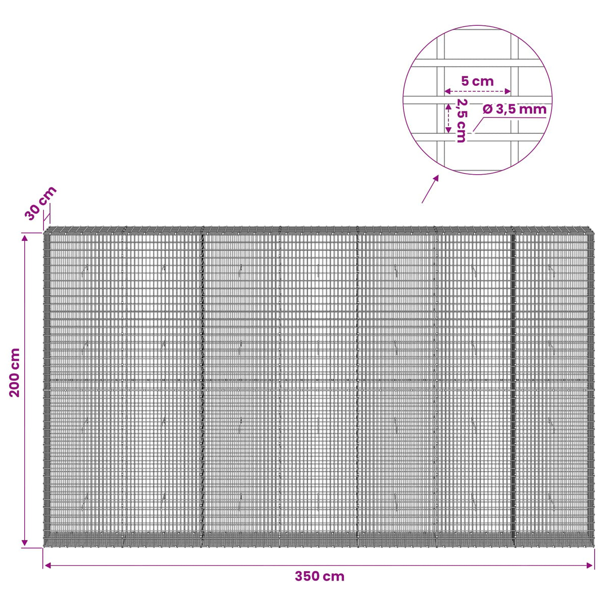 Gabion s žicom debljine 3,5 mm i mrežom 5x2,5 cm 350x30x200 cm