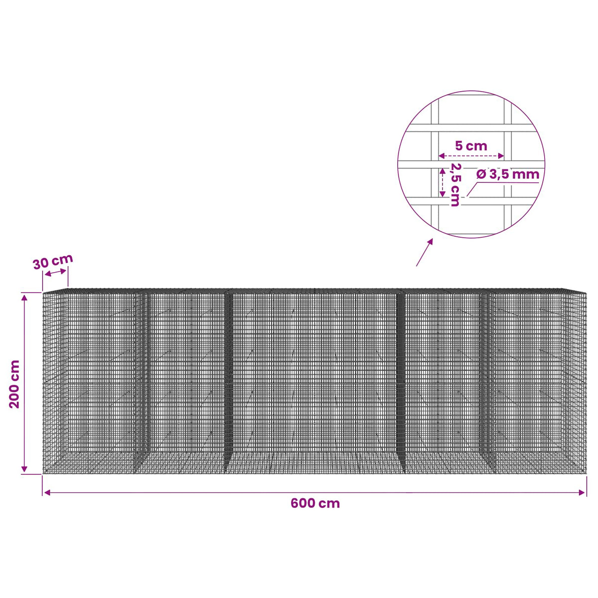 Gabion s žicom debljine 3,5 mm i mrežom 5x2,5 cm 600x30x200 cm