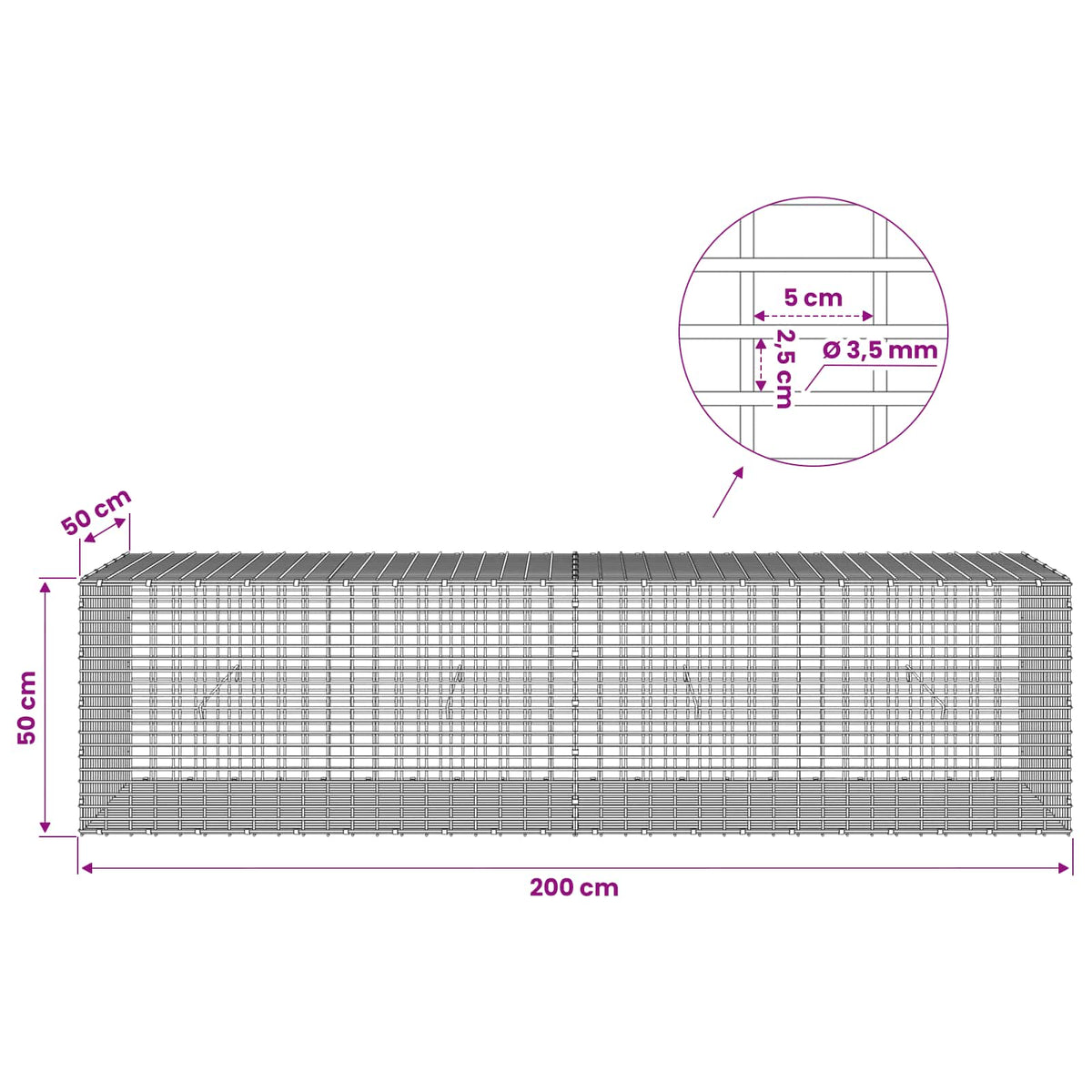 Gabion s žicom debljine 3,5 mm i mrežom 5x2,5 cm 200x50x50 cm