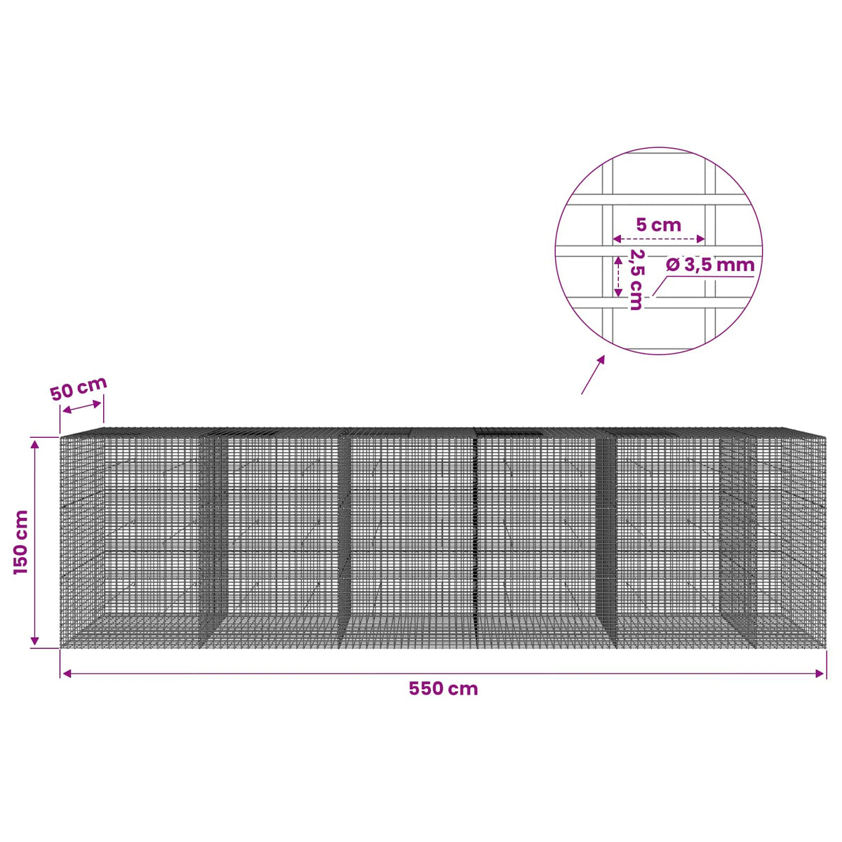 Gabion s žicom debljine 3,5 mm i mrežom 5x2,5 cm 550x50x150 cm
