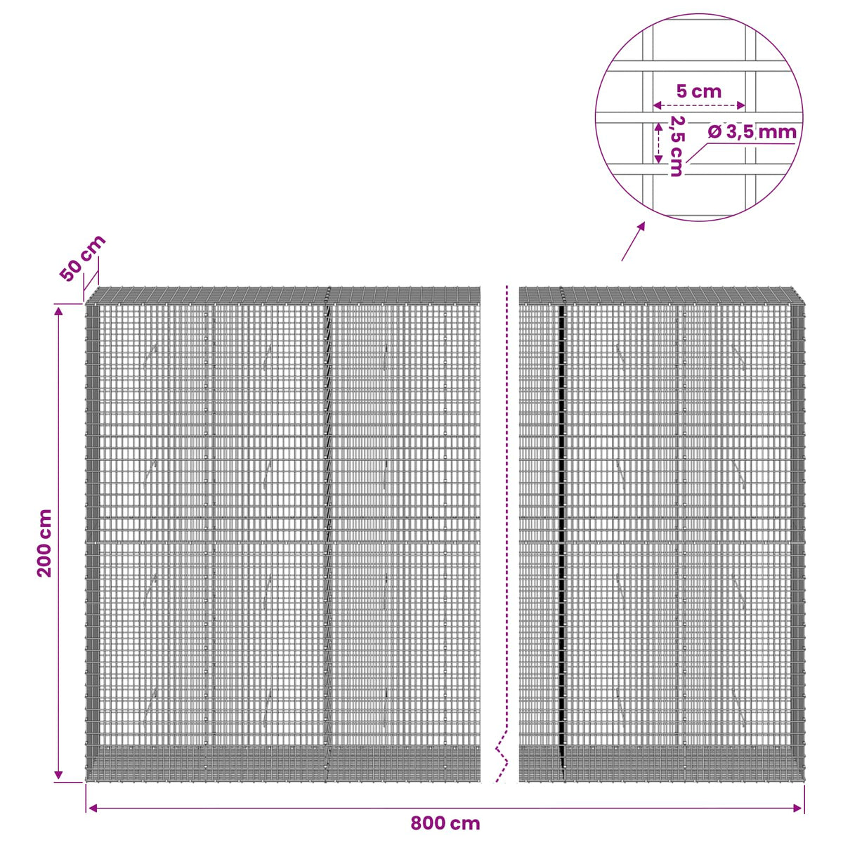 Gabion s žicom debljine 3,5 mm i mrežom 5x2,5 cm 800x50x200 cm