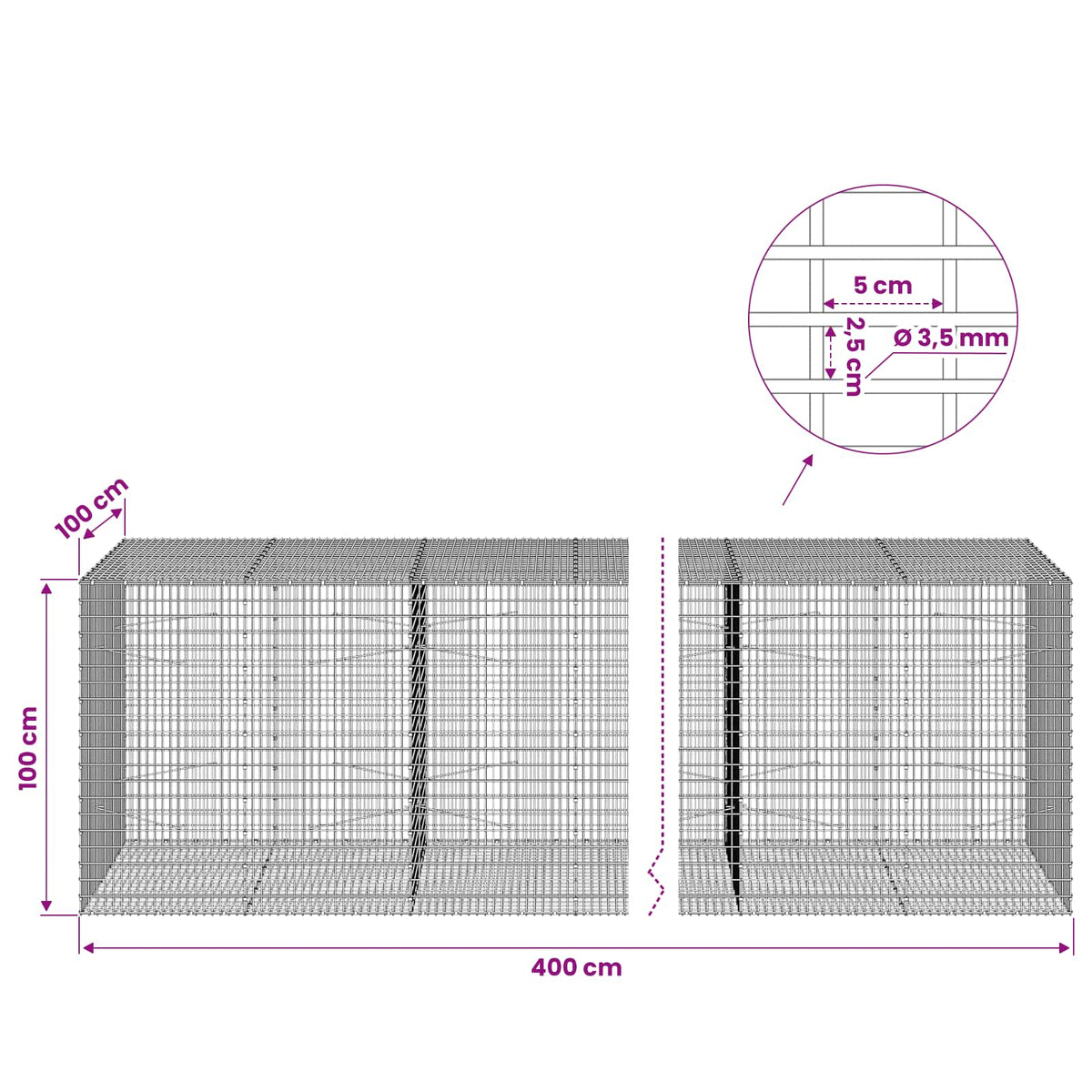 Gabion s žicom debljine 3,5 mm i mrežom 5x2,5 cm 400x100x100 cm
