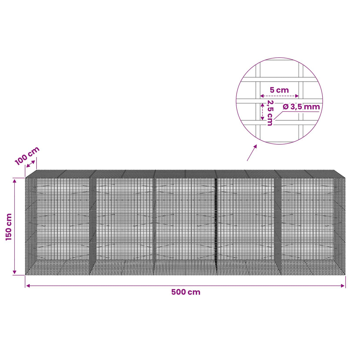 Gabion s žicom debljine 3,5 mm i mrežom 5x2,5 cm 500x100x150 cm