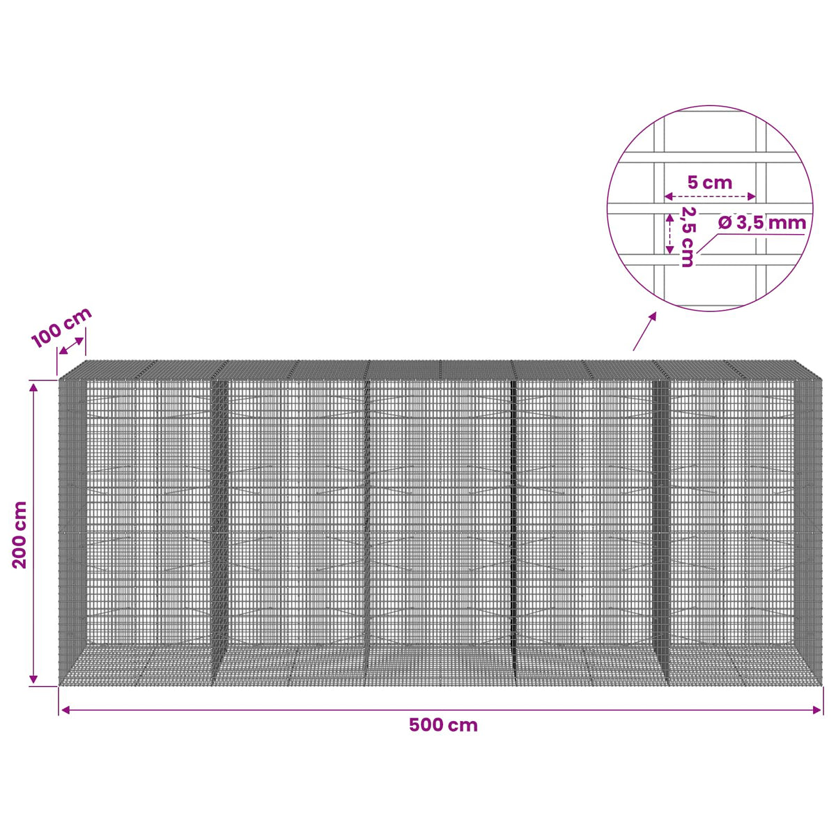 Gabion s žicom debljine 3,5 mm i mrežom 5x2,5 cm 500x100x200 cm