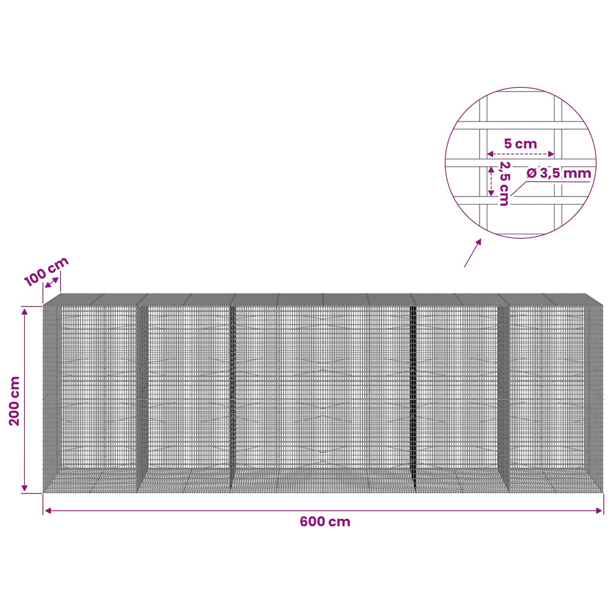 Gabion s žicom debljine 3,5 mm i mrežom 5x2,5 cm 600x100x200 cm