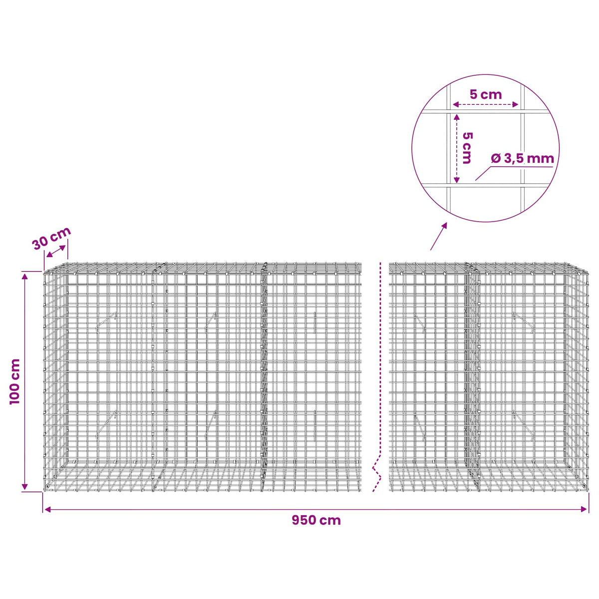 Gabion s žicom debljine 3,5 mm i mrežom 5x5 cm 950x30x100 cm