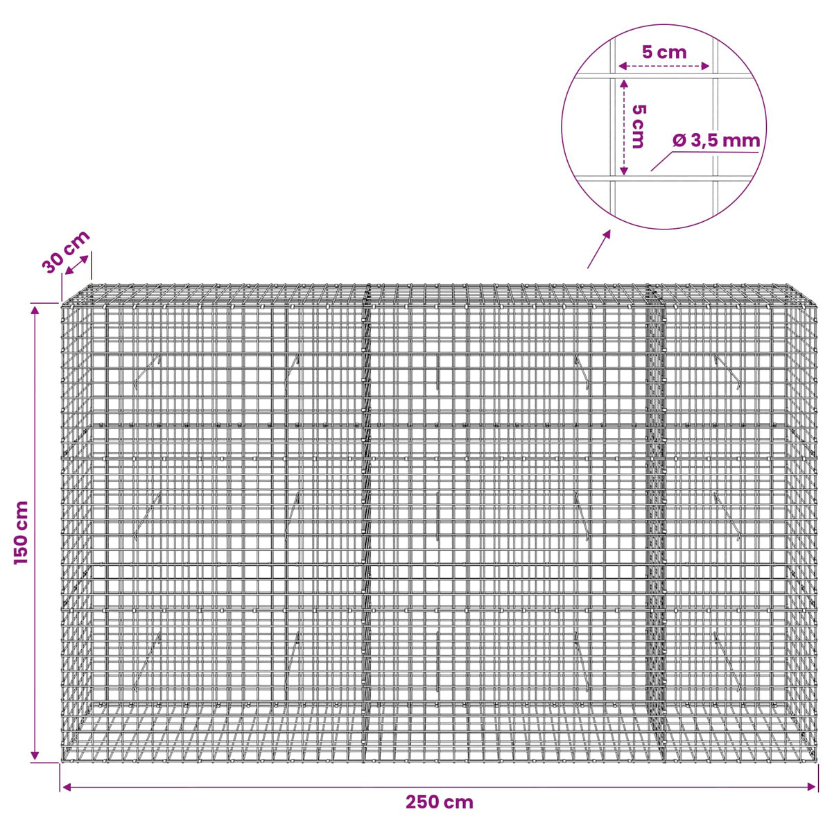 Gabion s žicom debljine 3,5 mm i mrežom 5x5 cm 250x30x150 cm