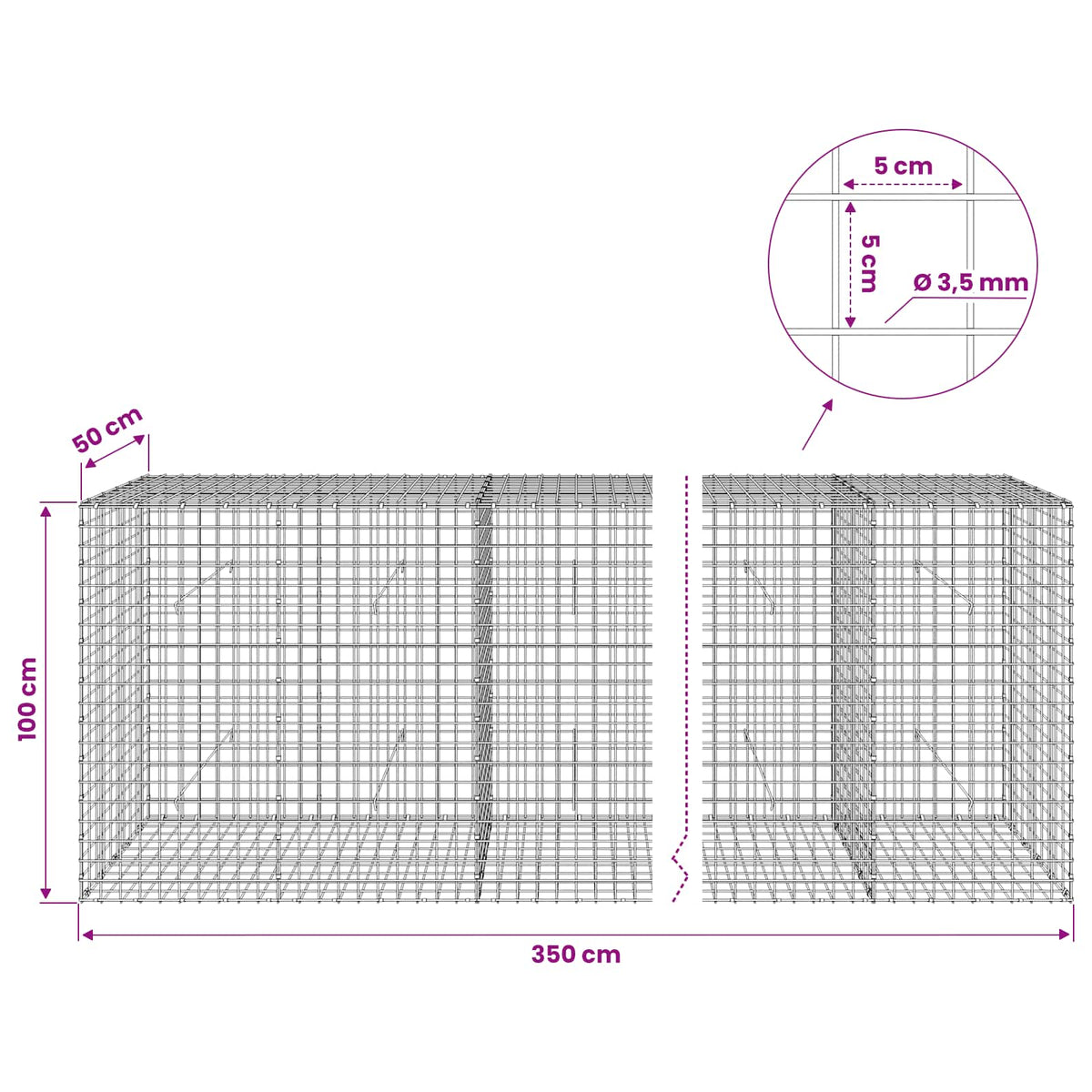 Gabion s žicom debljine 3,5 mm i mrežom 5x5 cm 350x50x100 cm