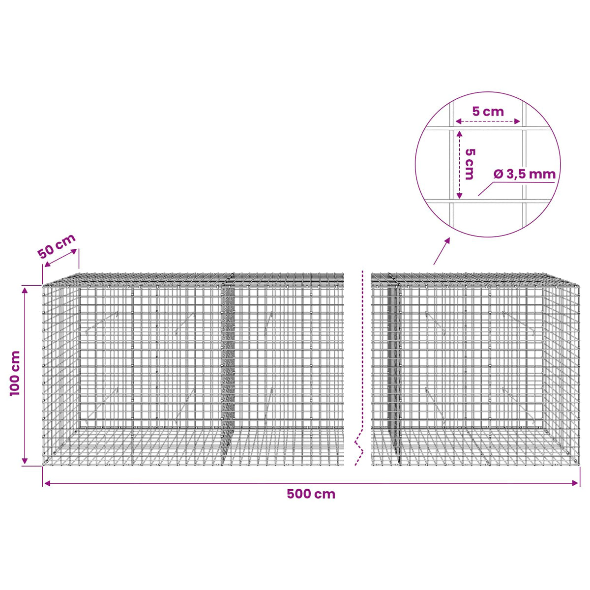 Gabion s žicom debljine 3,5 mm i mrežom 5x5 cm 500x50x100 cm