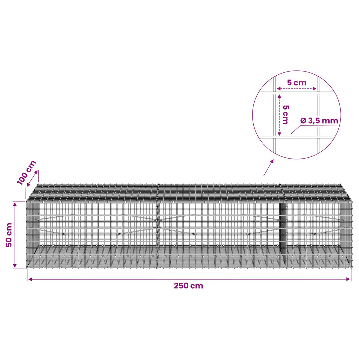 Gabion s žicom debljine 3,5 mm i mrežom 5x5 cm 250x100x50 cm