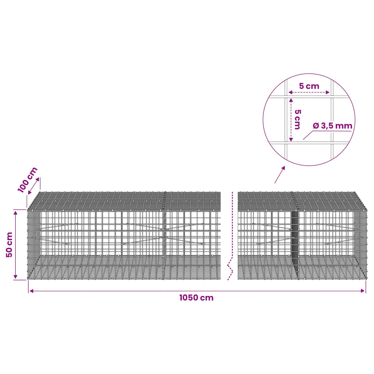 Gabion s žicom debljine 3,5 mm i mrežom 5x5 cm 1050x100x50 cm
