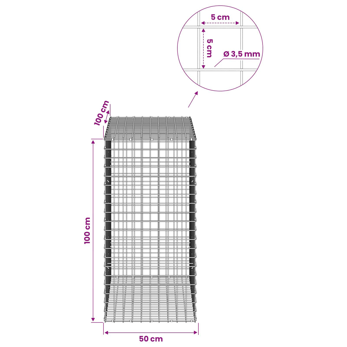 Gabion s žicom debljine 3,5 mm i mrežom 5x5 cm 50x100x100 cm