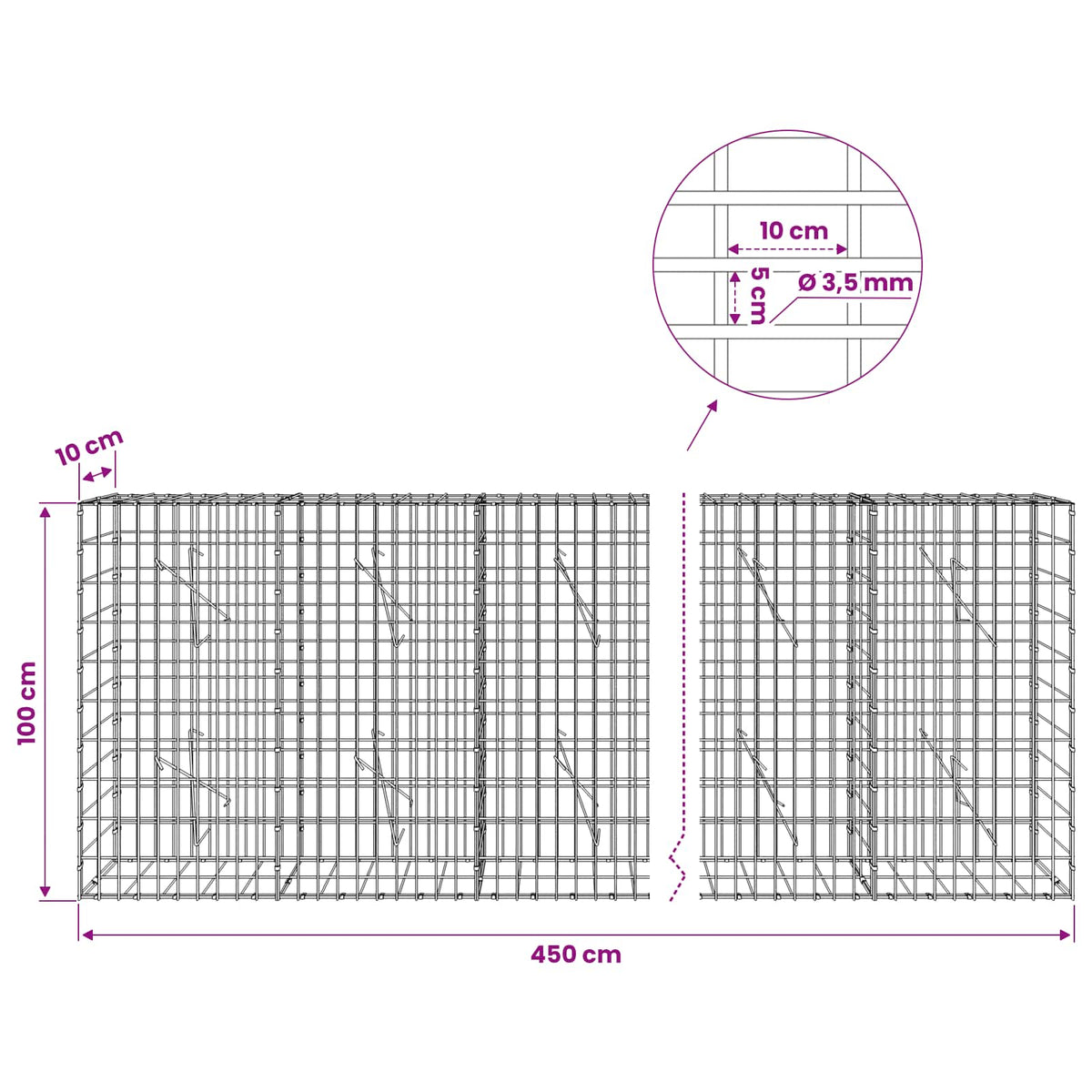 Gabion s žicom debljine 3,5 mm i mrežom 5x10 cm 450x10x100 cm