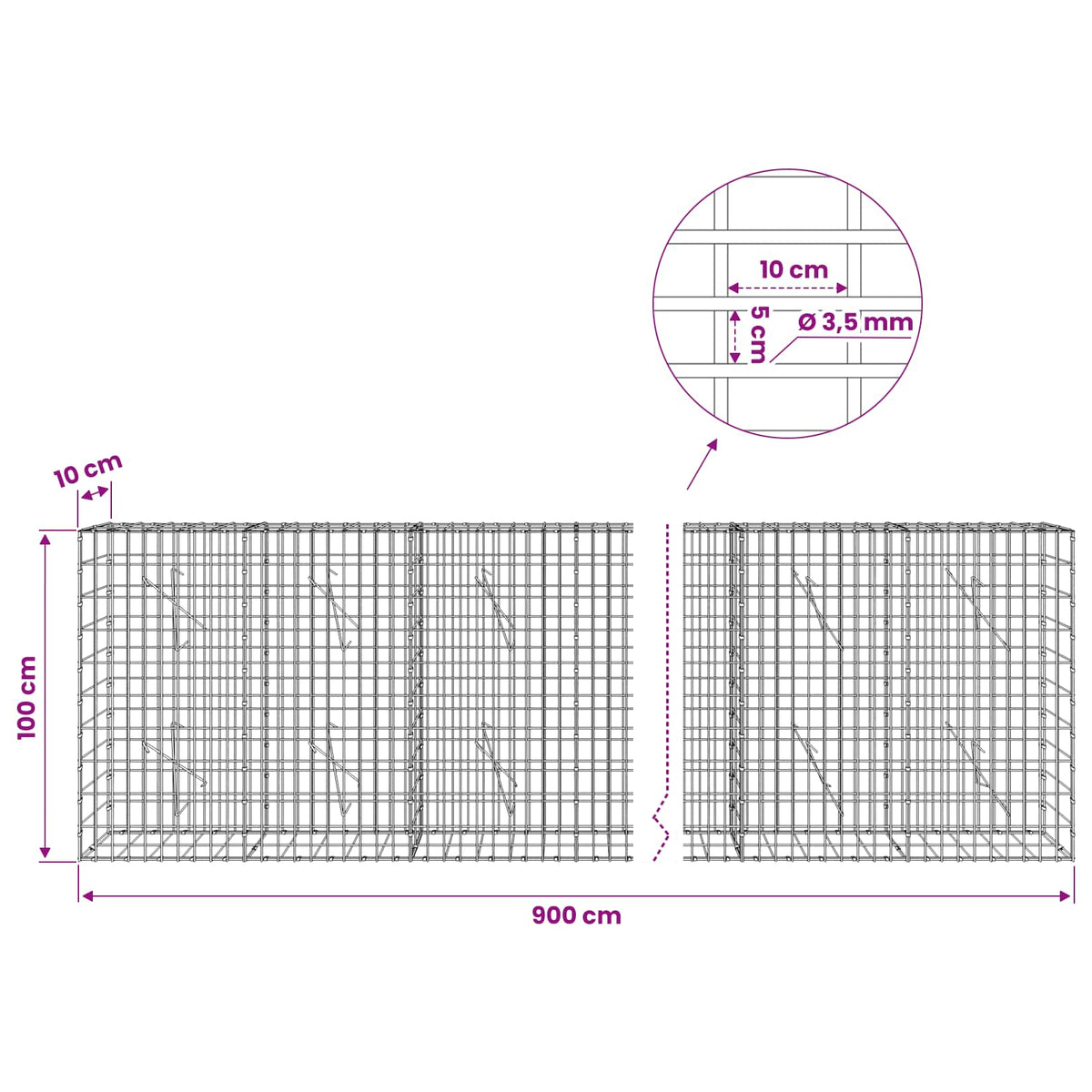 Gabion s žicom debljine 3,5 mm i mrežom 5x10 cm 900x10x100 cm