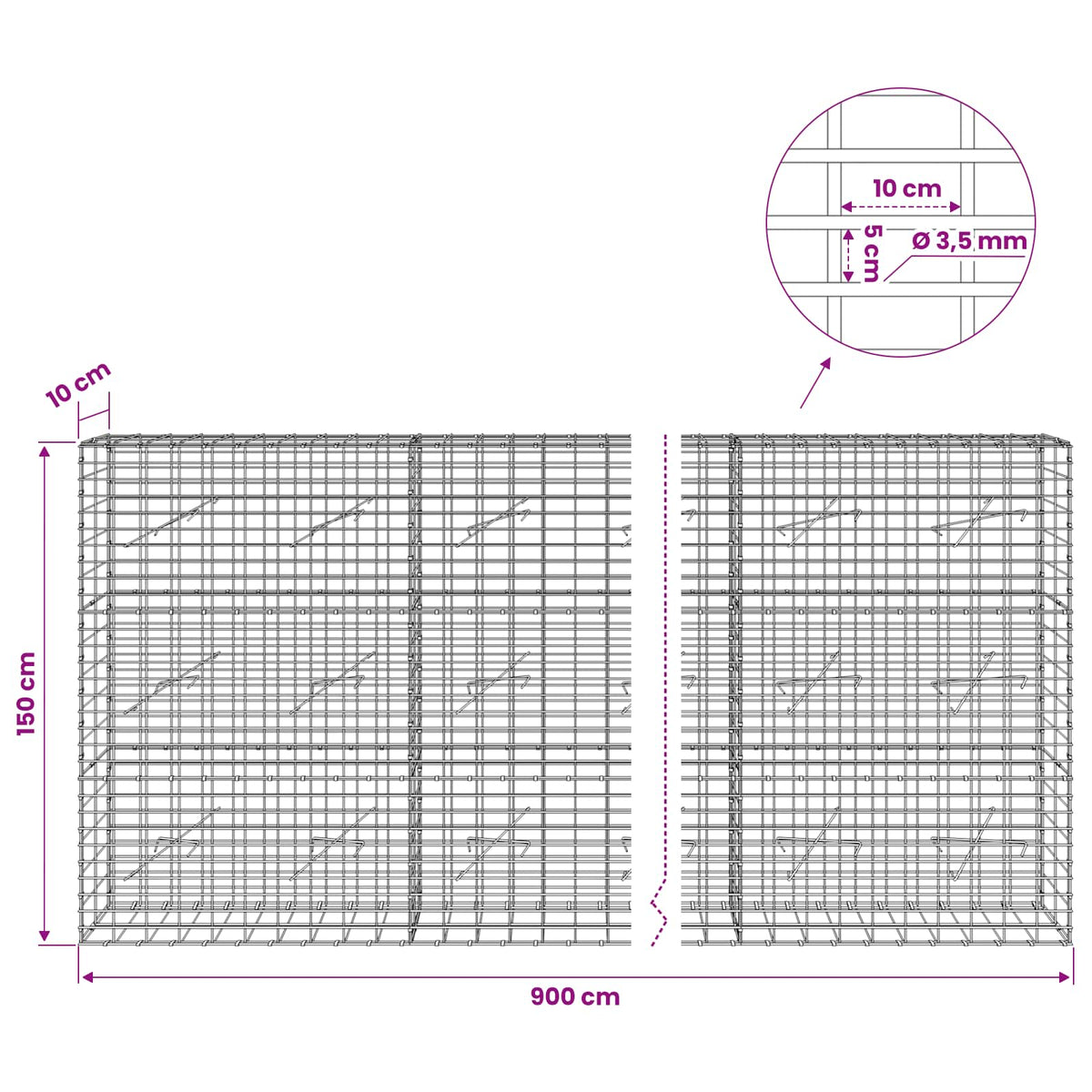 Gabion s žicom debljine 3,5 mm i mrežom 5x10 cm 900x10x150 cm